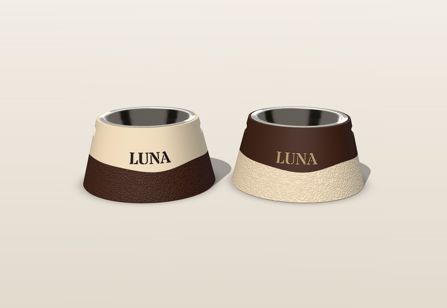 Dois suportes Onda Contraste com o nome Luna, um areia com chocolate e outro chocolate com areia
